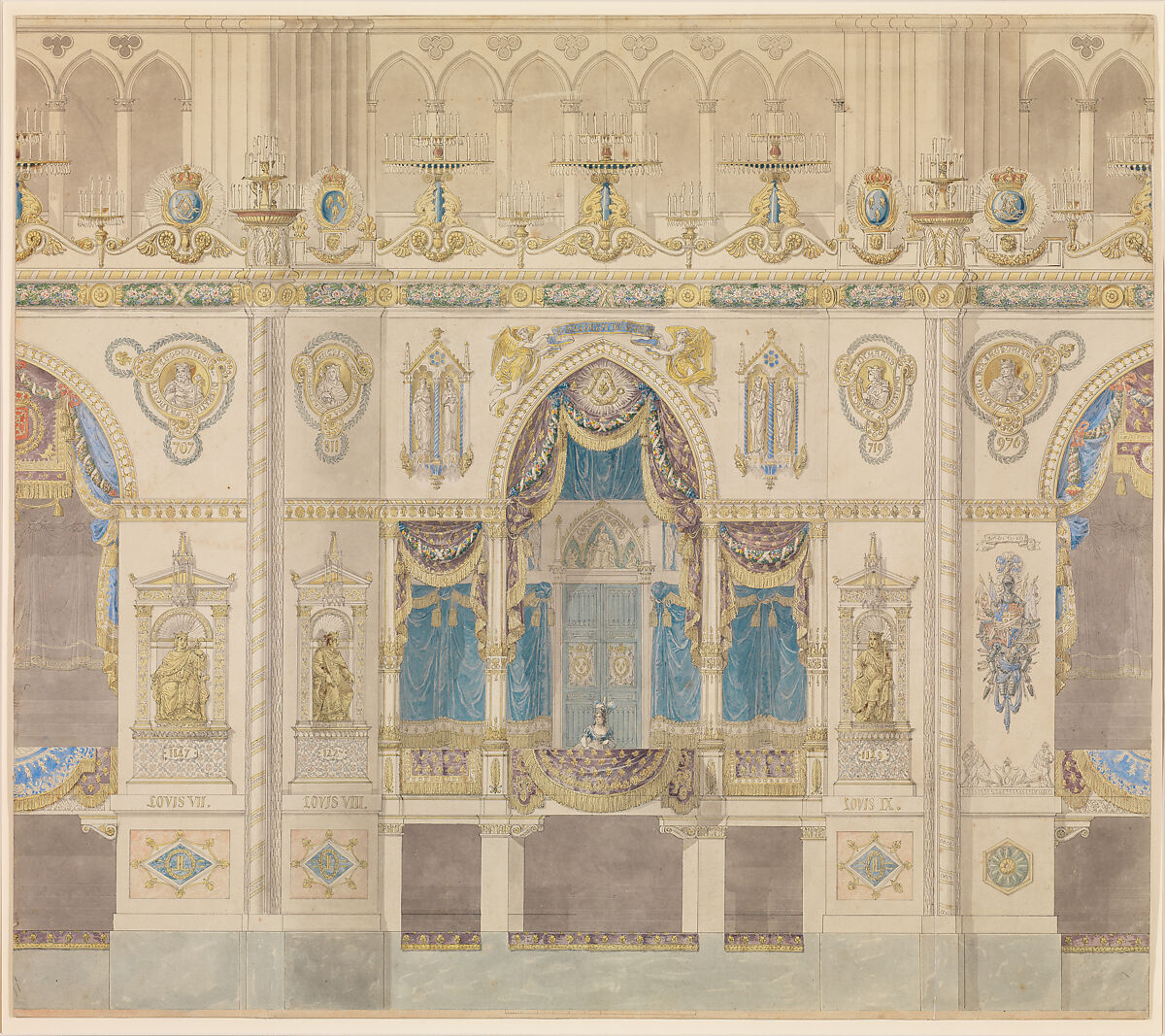 Elevation of Reims Cathedral with the Royal Box for the Coronation of Louis XVIII, Charles Percier (French, Paris 1764–1838 Paris), Pen and black ink, watercolor 