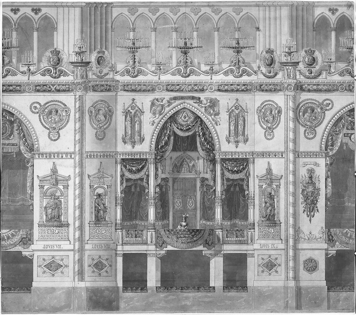Elevation of Reims Cathedral with the Royal Box for the Coronation of Louis XVIII, Charles Percier (French, Paris 1764–1838 Paris), Pen and black ink, watercolor