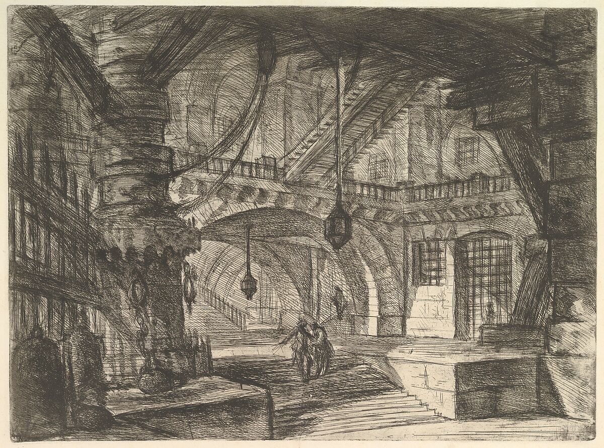 The Pier with Chains, from "Carceri d'invenzione" (Imaginary Prisons), Giovanni Battista Piranesi (Italian, Mogliano Veneto 1720–1778 Rome), Etching, engraving, sulphur tint or open bite, burnishing; first state of six (Robison) 