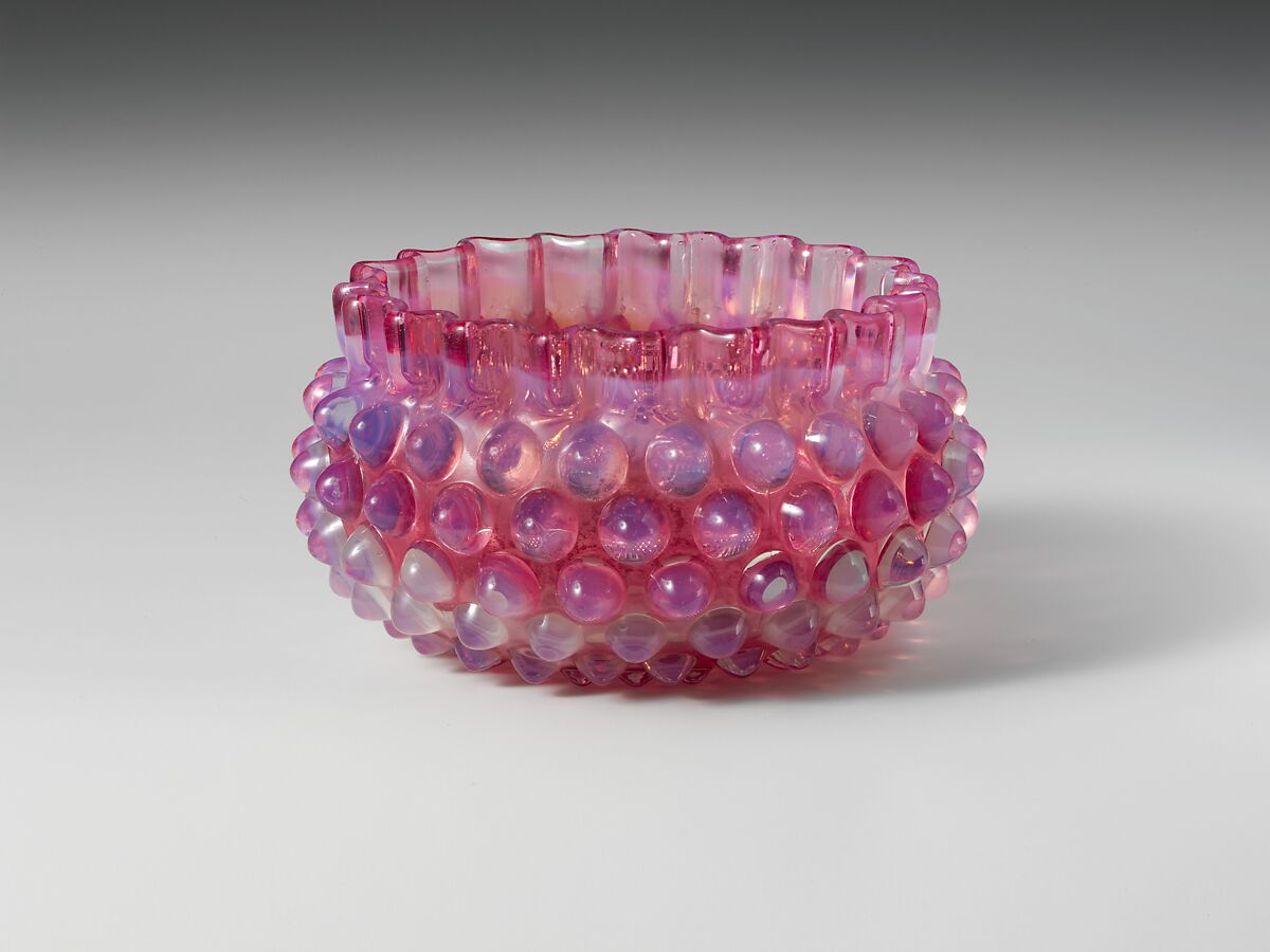 Hobnail Finger Bowl, Probably Hobbs, Brockunier and Company (1863–1891), Pressed cranberry and opalescent glass, American 