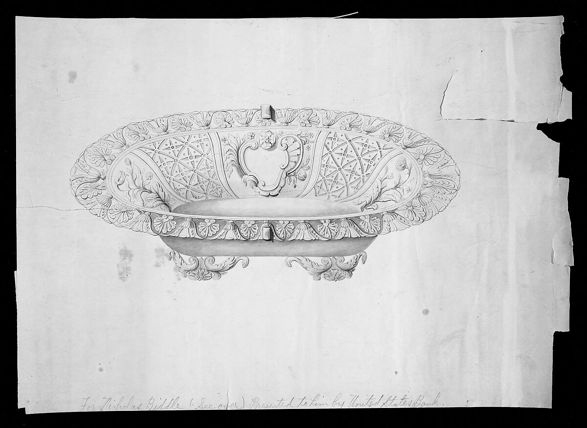 Design for a fruit or bread basket, Thomas Fletcher (American, Alstead, New Hampshire 1787–1866 New Jersey), Pen and ink with wash 