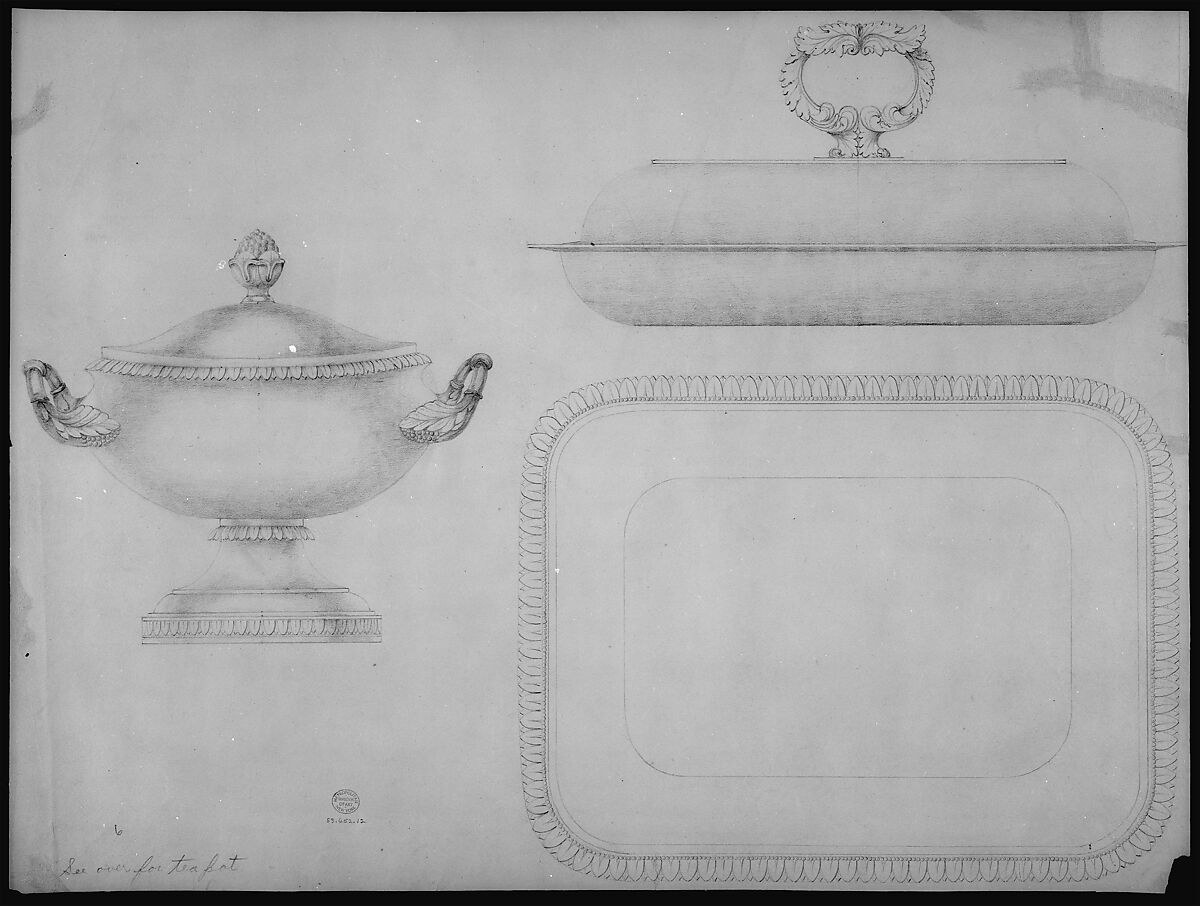 Design for a tea-pot, verso: design for a covered dish and bowl, Thomas Fletcher (American, Alstead, New Hampshire 1787–1866 New Jersey), Graphite 