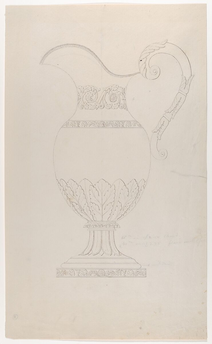Design for a water pitcher, Attributed to Thomas Fletcher (American, Alstead, New Hampshire 1787–1866 New Jersey), Graphite 
