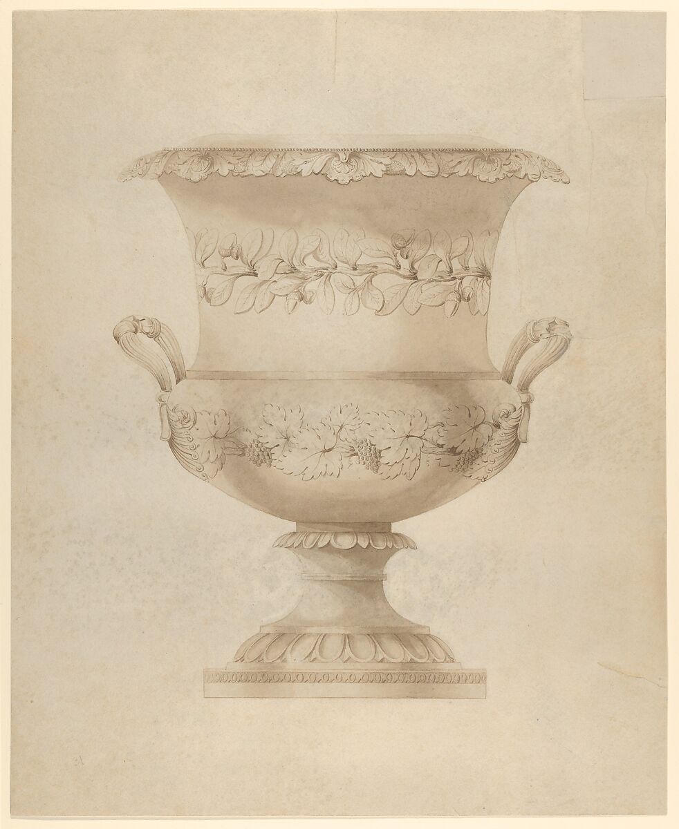Design for a wine cooler, Attributed to Thomas Fletcher (American, Alstead, New Hampshire 1787–1866 New Jersey), Pen and ink with brush and wash 
