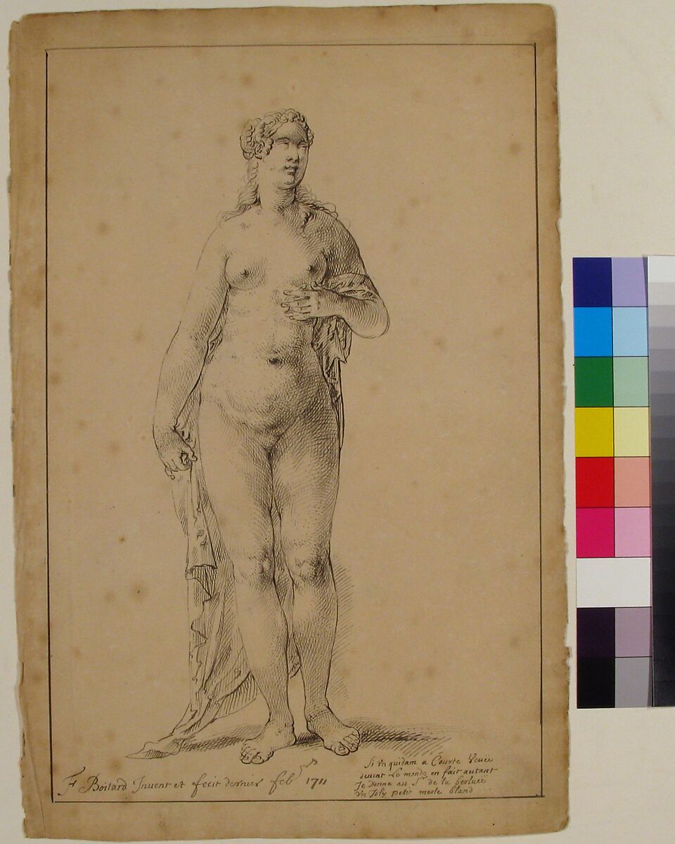 Study of a Female Figure (Venus), François Boitard (French, ca. 1670–ca. 1715), Pen and black ink.  Framing lines in pen and black ink.