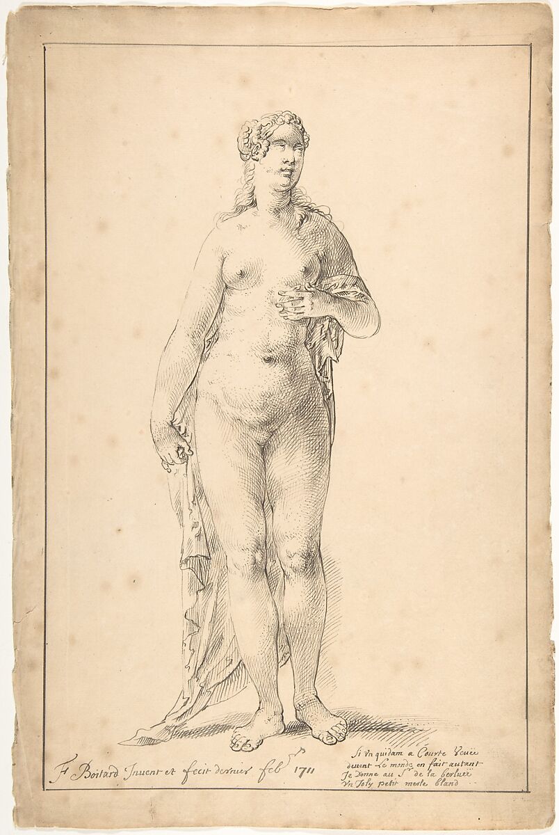 Study of a Female Figure (Venus), François Boitard (French, ca. 1670–ca. 1715), Pen and black ink.  Framing lines in pen and black ink. 