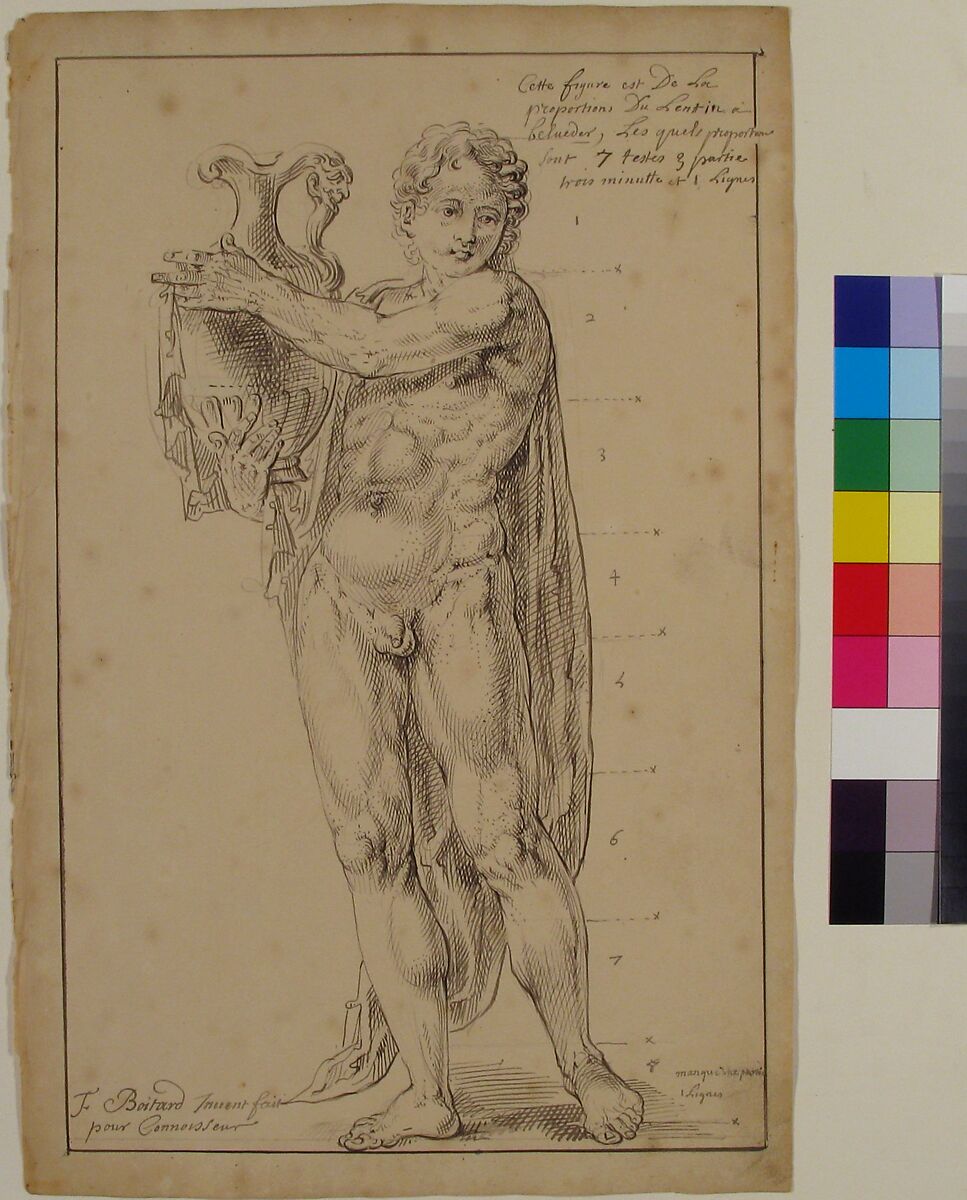Study of a Male Figure Holding a Vessel (Apollo), François Boitard (French, ca. 1670–ca. 1715), Pen and black ink. Framing lines in pen and black ink