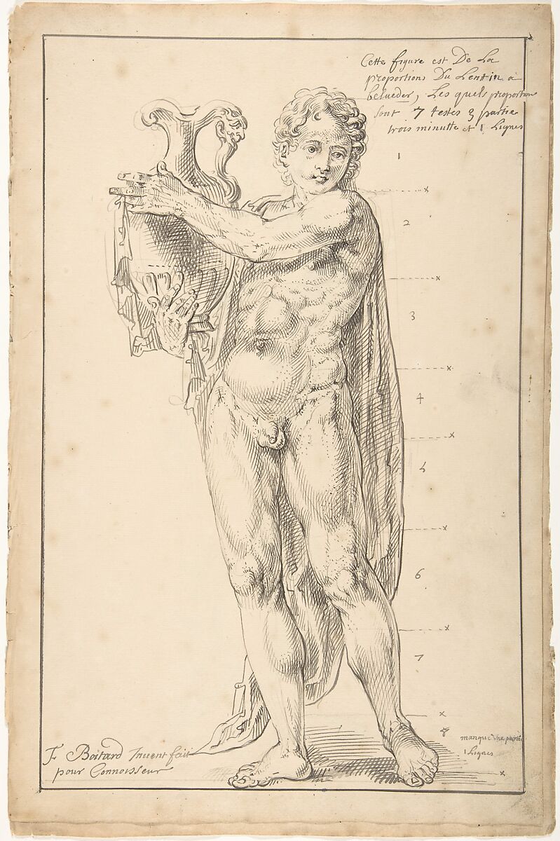 Study of a Male Figure Holding a Vessel (Apollo), François Boitard (French, ca. 1670–ca. 1715), Pen and black ink. Framing lines in pen and black ink 