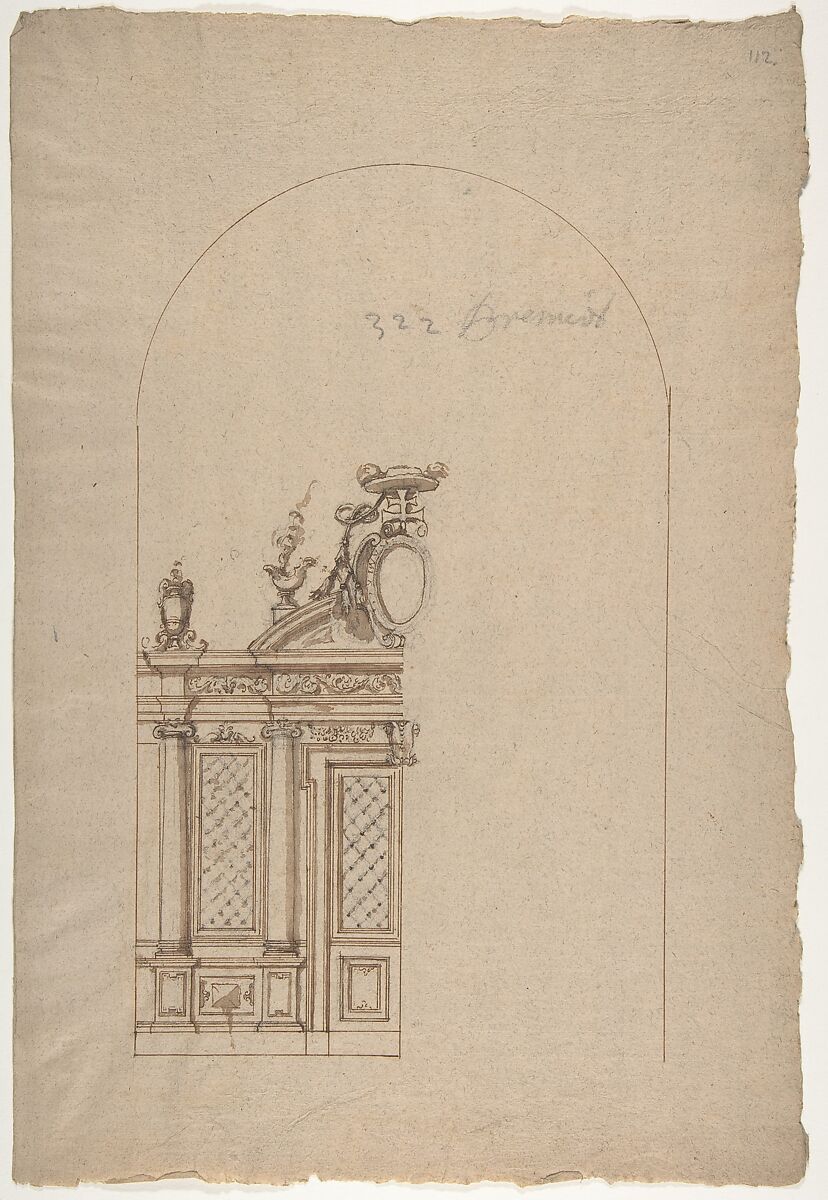 Design for a Choir Screen with a Cardinal's Hat, Anonymous, French, 16th century, Black chalk, pen and brown ink, brush and brown wash 