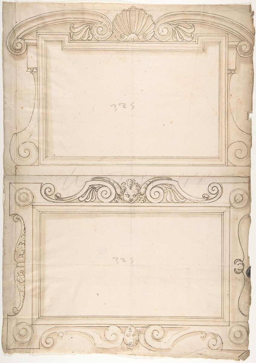 Two Designs for Carved Panels, Anonymous, French, 16th century, Black chalk, pen and brown ink, brush and brown wash 