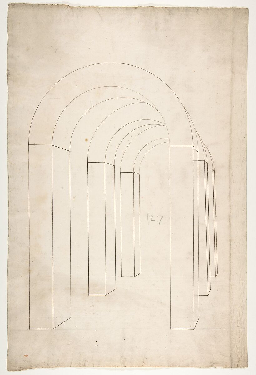 Perspective study of an Arched Colonnade, Anonymous, French, 16th century, Black chalk, pen and brown ink, brush and brown wash 