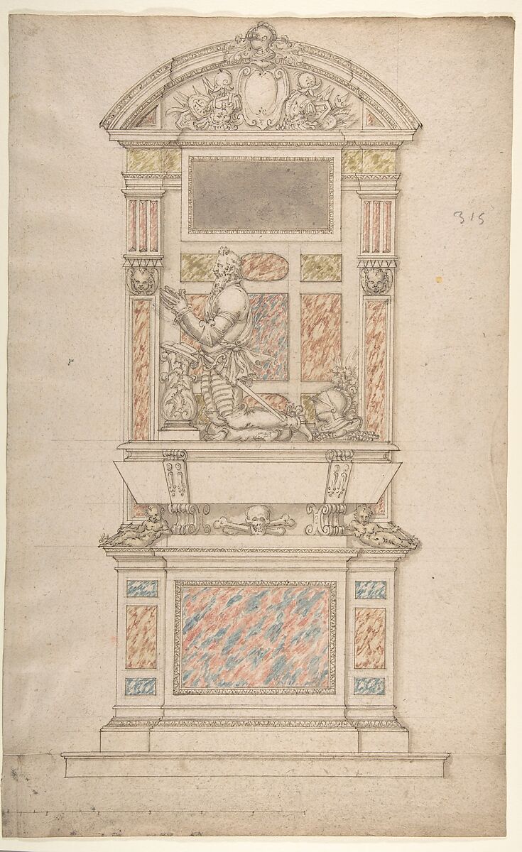 Design for a Man's Tomb, Anonymous, French, 16th century, Black chalk, pen and brown ink, watercolor 