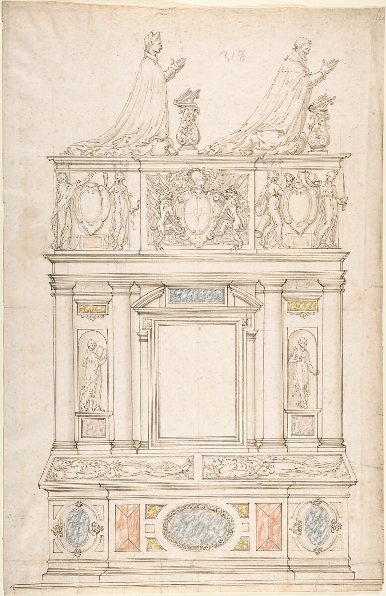 Design for a Double Tomb, Anonymous, French, 16th century, Black chalk, pen and brown ink, watercolor