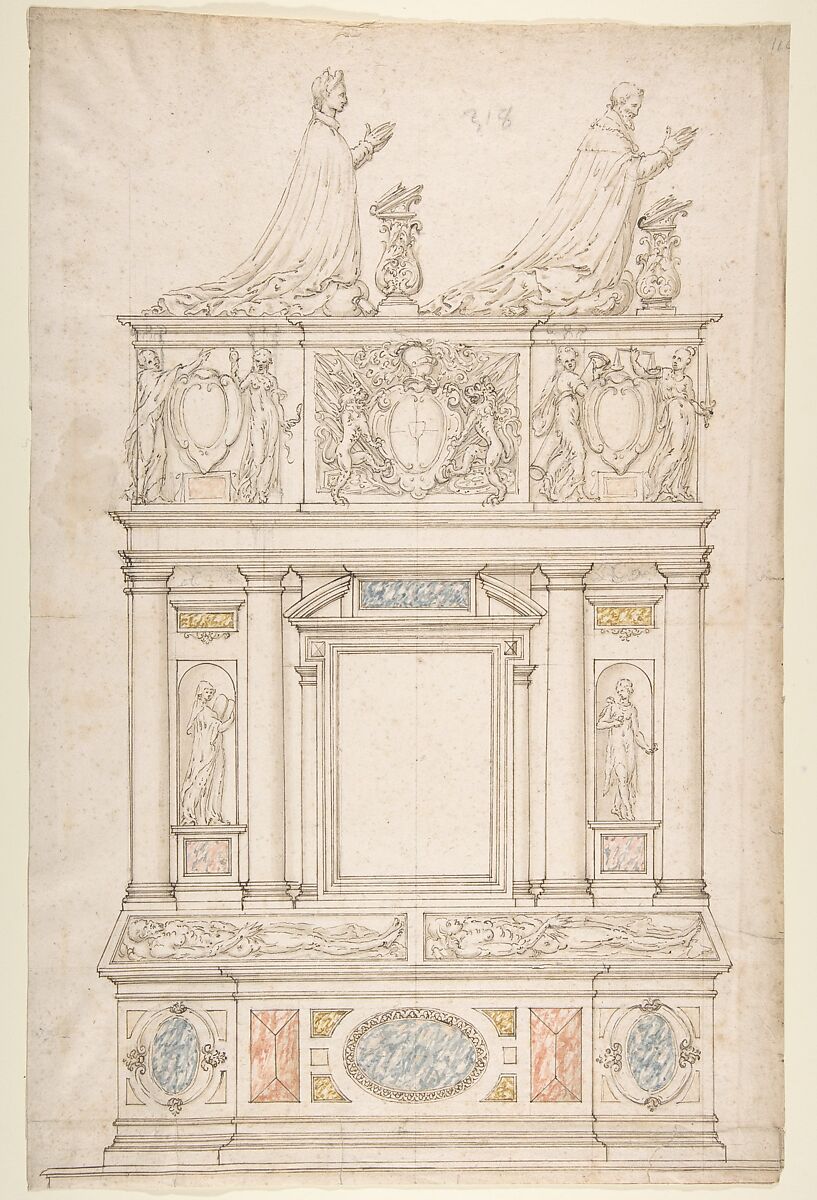 Design for a Double Tomb, Anonymous, French, 16th century, Black chalk, pen and brown ink, watercolor 