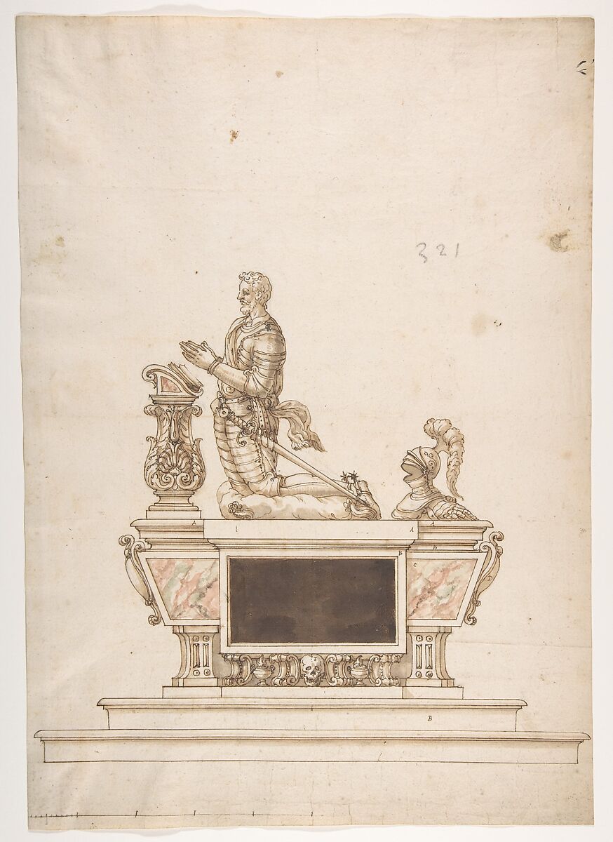 Design for a Man's Tomb, Anonymous, French, 16th century, Black chalk, pen and brown ink, brush and brown wash, watercolor 