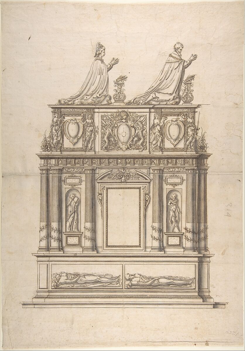 Design for a Double Tomb, Anonymous, French, 16th century  French, Pen and brown ink, brush and gray wash