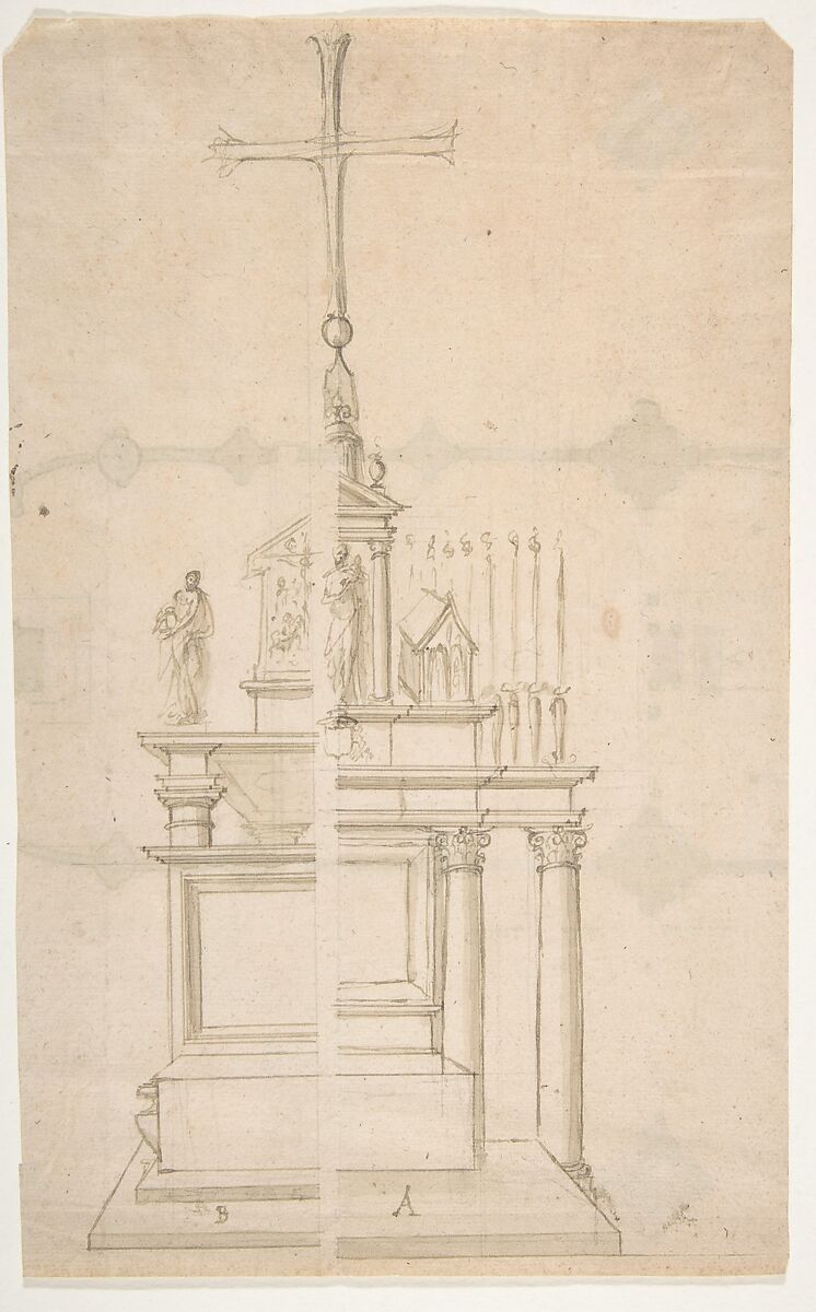 Elevation of a Main Altar with an Alternate Design, Anonymous, French, 16th century, Graphite, pen and brown ink, brush and brown wash 