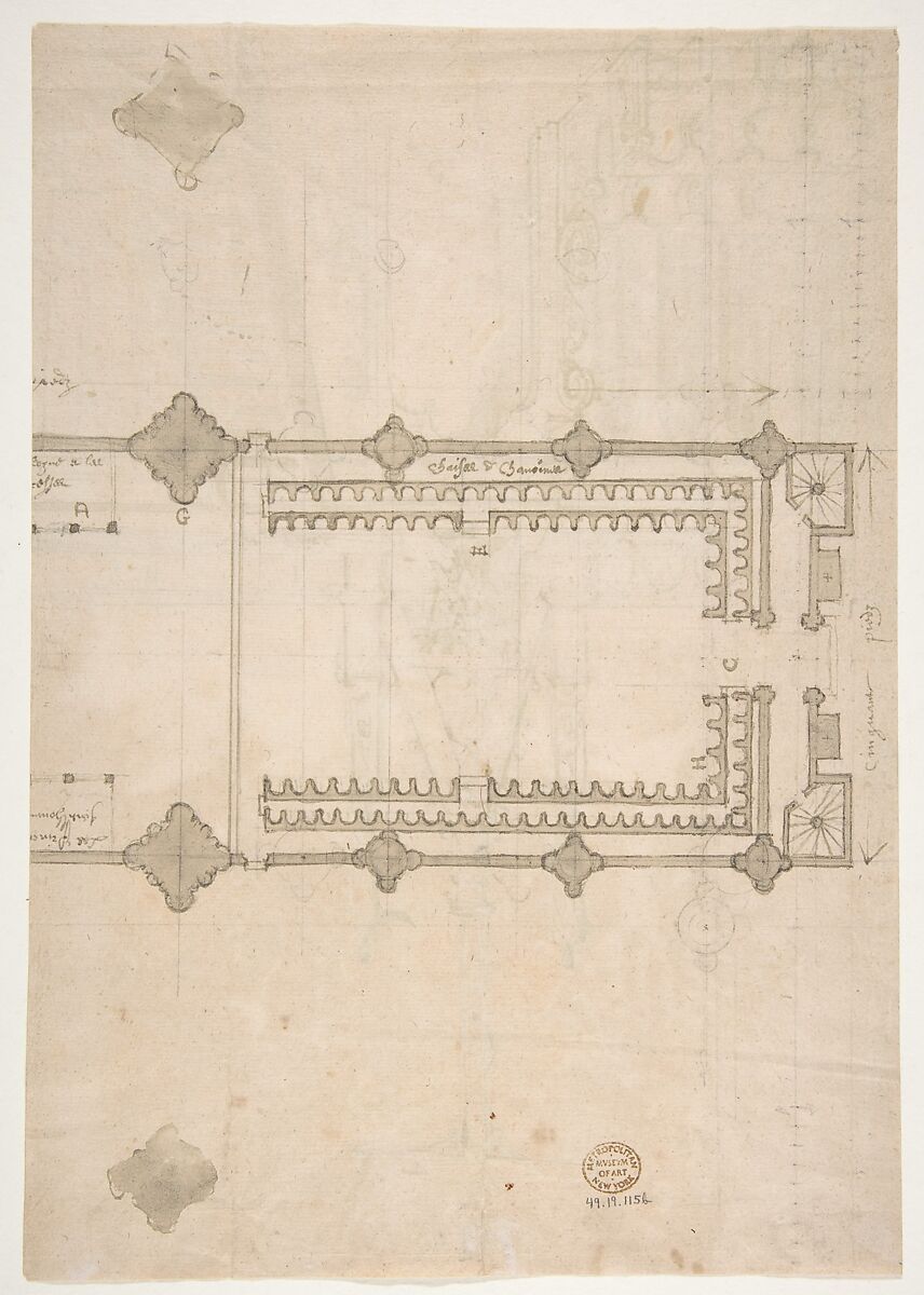 Design for Choir Stalls Showing the Entrance to the Choir through the Rood Screen, Anonymous, French, 16th century, Pen and brown ink, brush and brown wash
