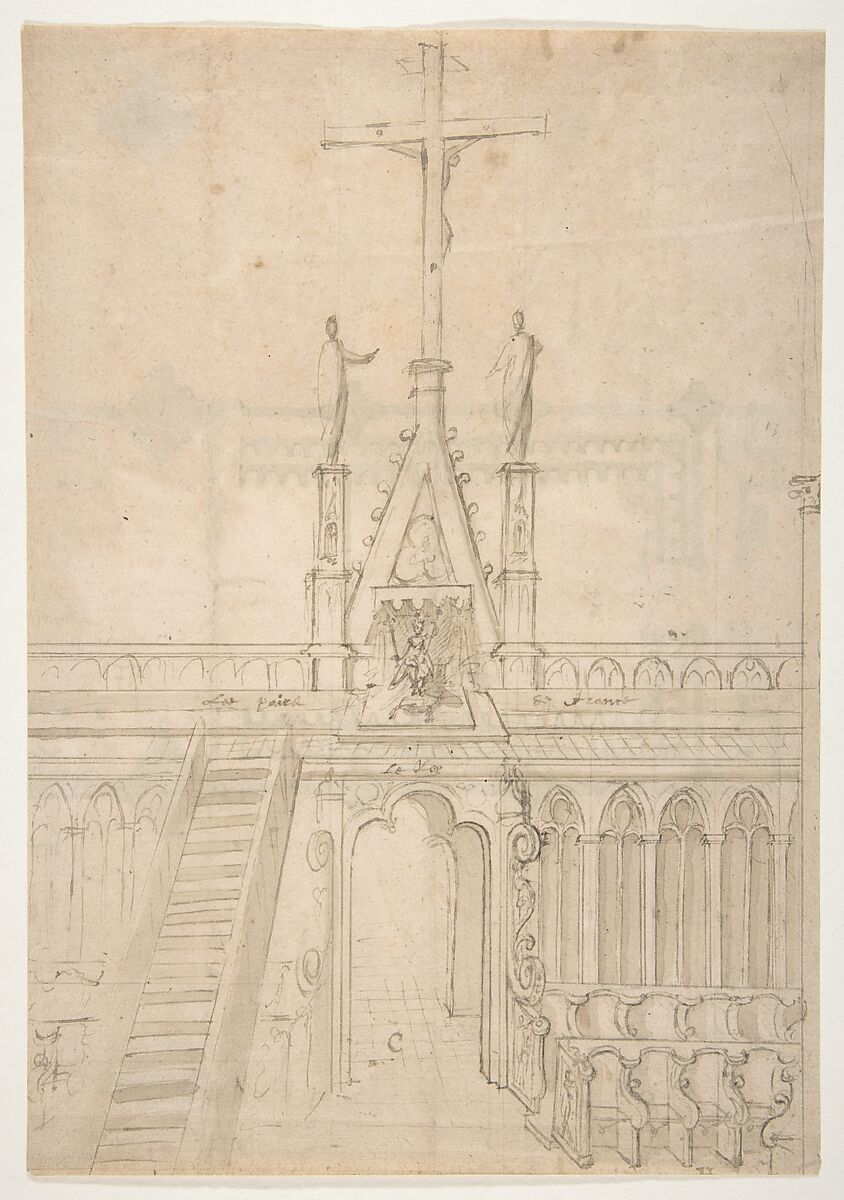 Design for Choir Stalls Showing the Entrance to the Choir through the Rood Screen, Anonymous, French, 16th century, Pen and brown ink, brush and brown wash 