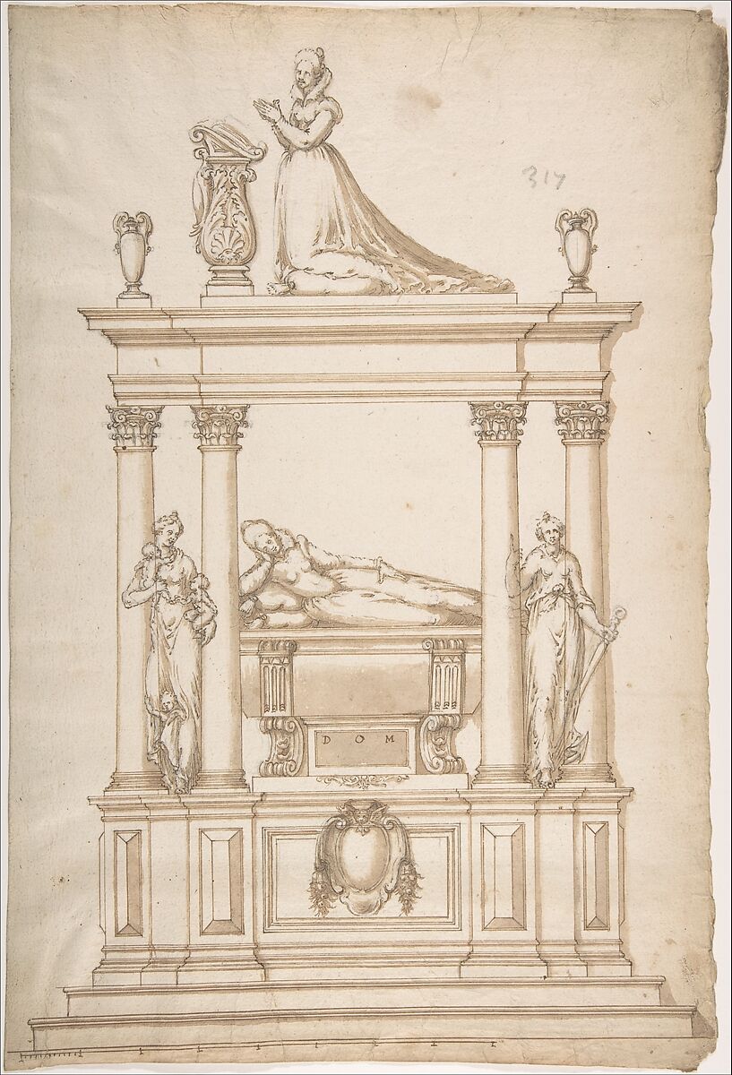Design for a Woman's Tomb, Anonymous, French, 16th century, Black chalk, pen and brown ink, brush and brown wash 