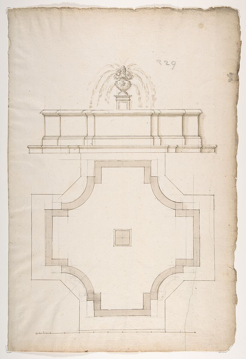Plan and Elevation for a Fountain, Anonymous, French, 16th century, Black chalk, pen and brown ink, brush and brown wash 