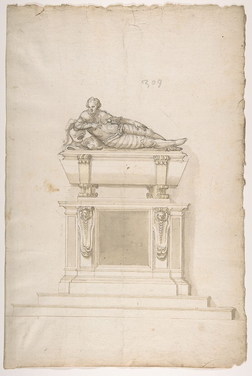 Design for a Man's Tomb, Anonymous, French, 16th century, Black chalk, pen and brown ink, brush and brown wash 