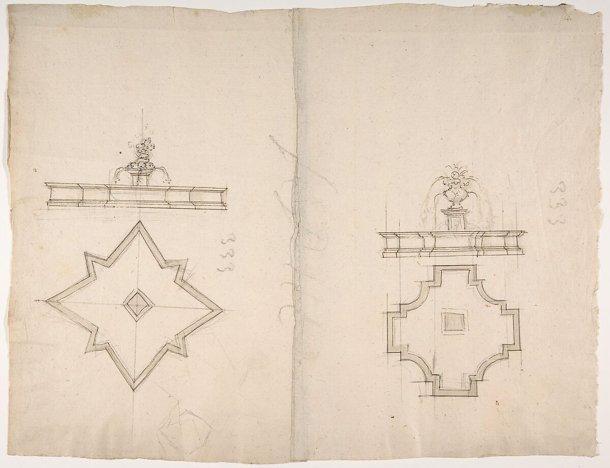 Two Plans and Elevations for Fountains, Anonymous, French, 16th century, Black chalk, pen and brown ink, brush and brown wash 
