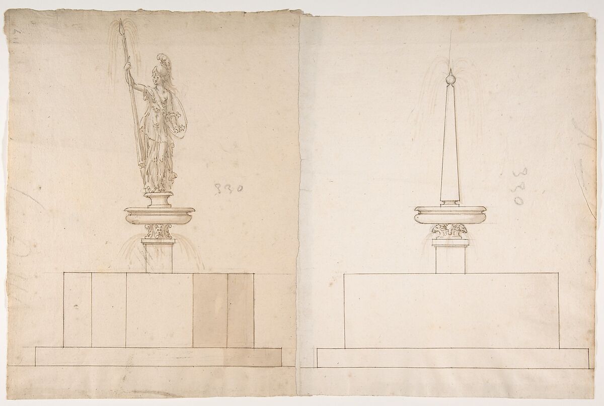 Two Plans and Elevations for Fountains, Anonymous, French, 16th century, Black chalk, pen and brown ink, brush and brown wash 
