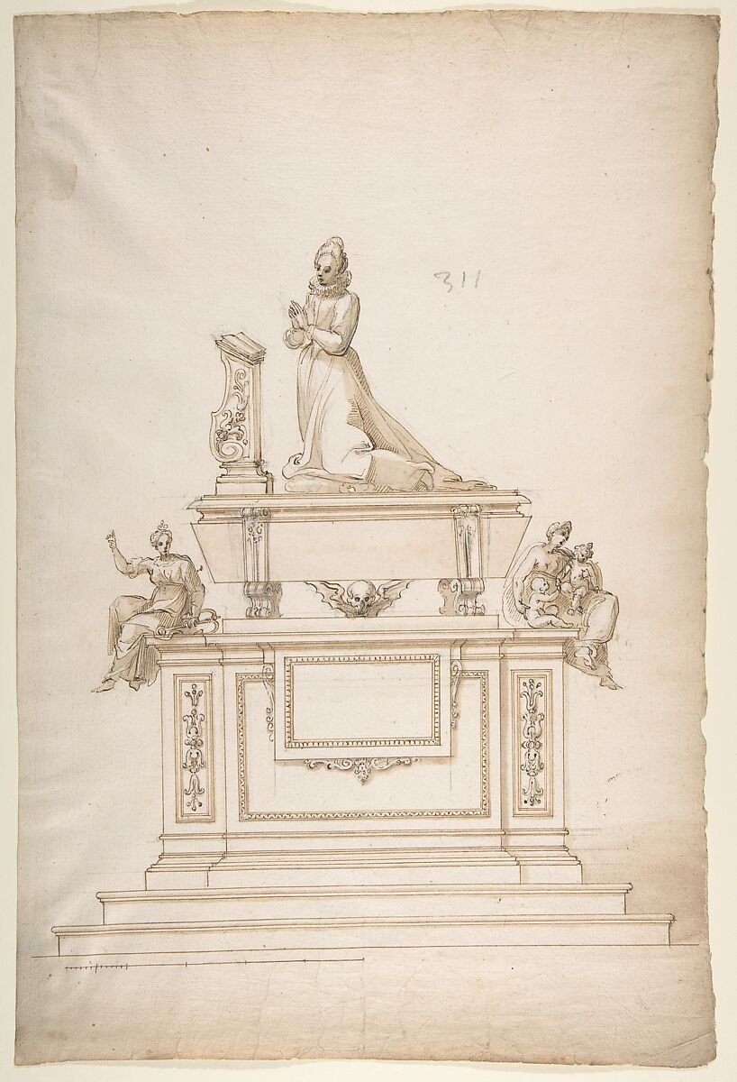 Design for a Lady's Tomb, Anonymous, French, 16th century, Black chalk, pen and brown ink, brush and brown wash 