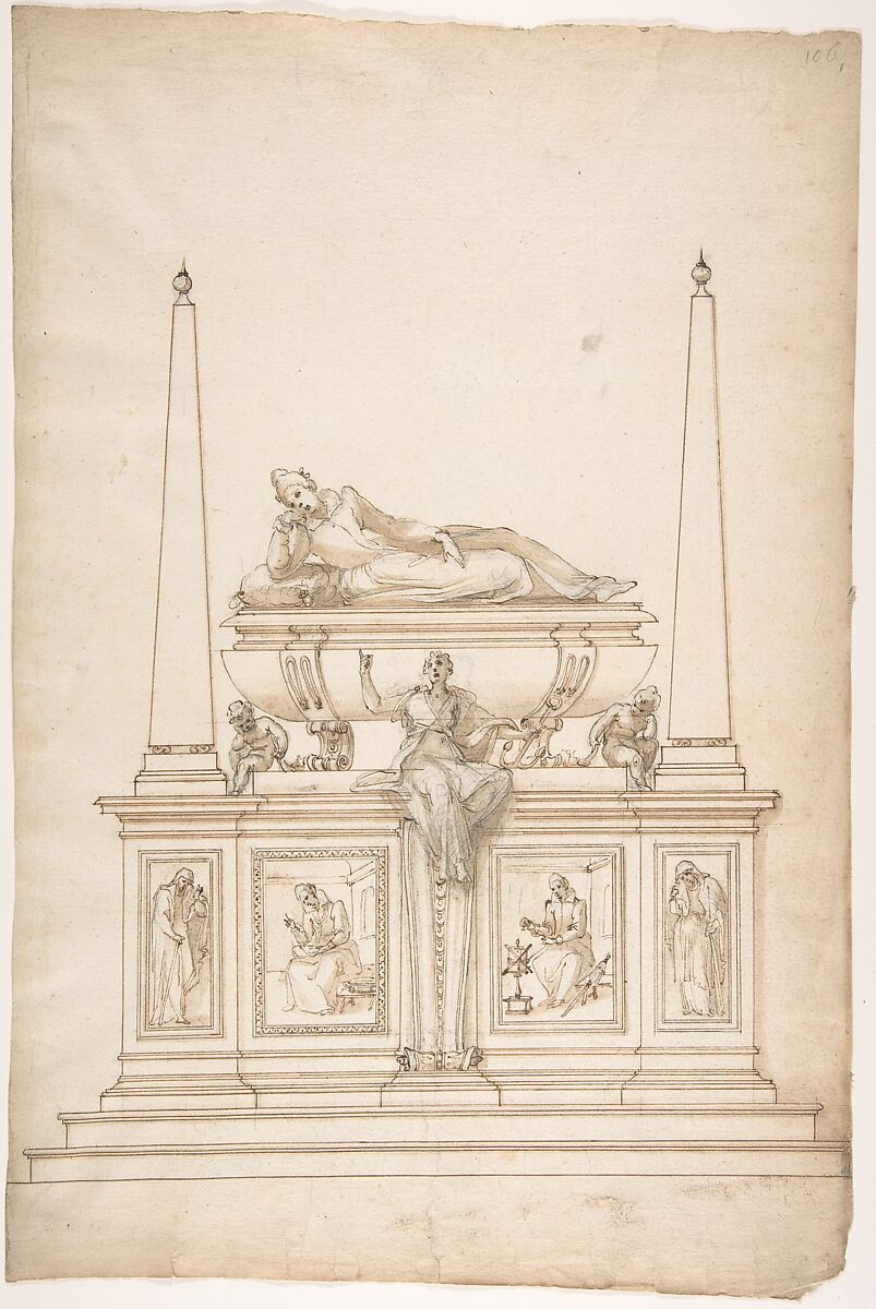 Design for a Lady's Tomb, Anonymous, French, 16th century, Black chalk, pen and brown ink, brush and brown wash 