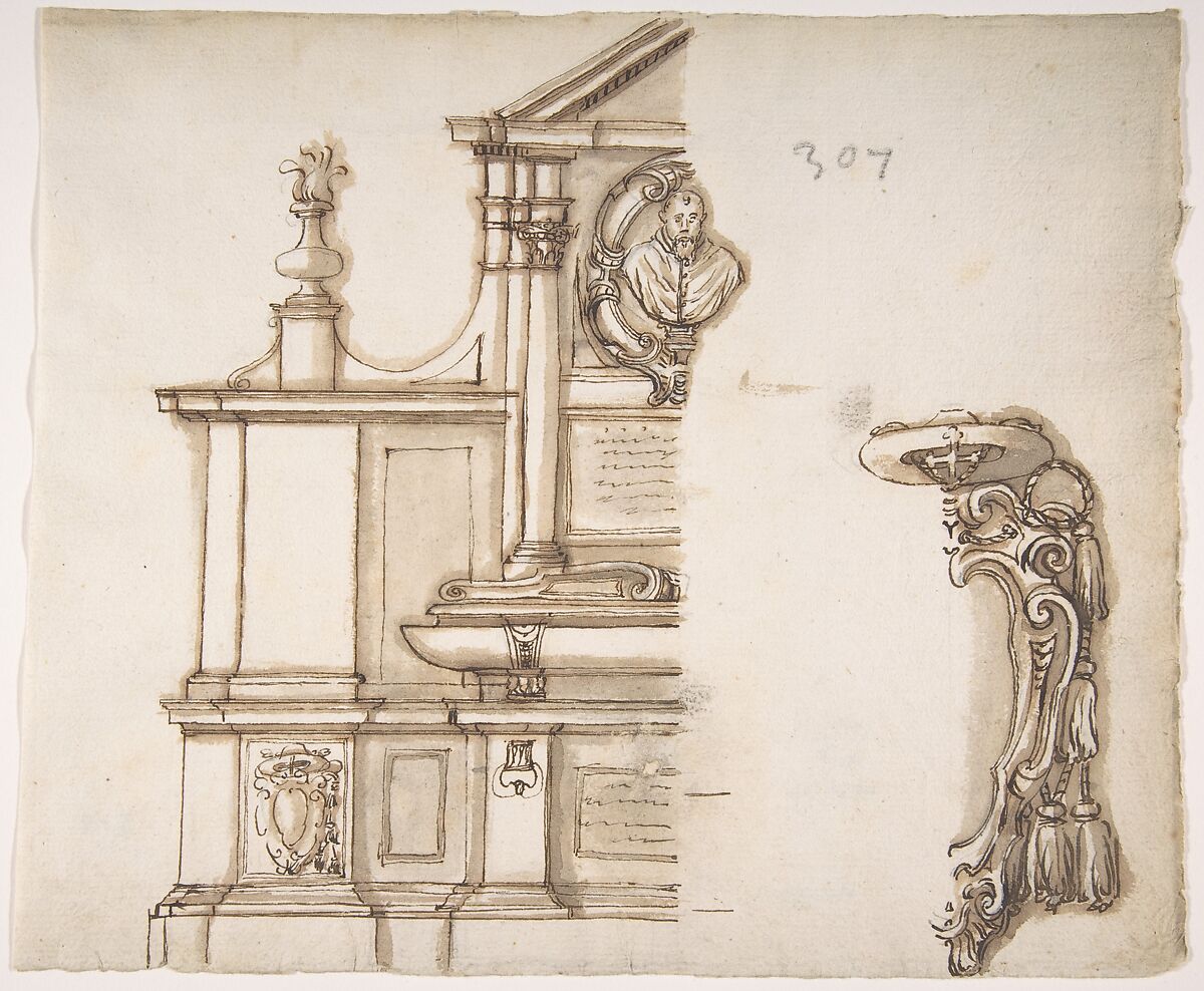 Design for a Tomb for a Cardinal, Anonymous, French, 16th century, Pen and brown ink, brush and brown wash 