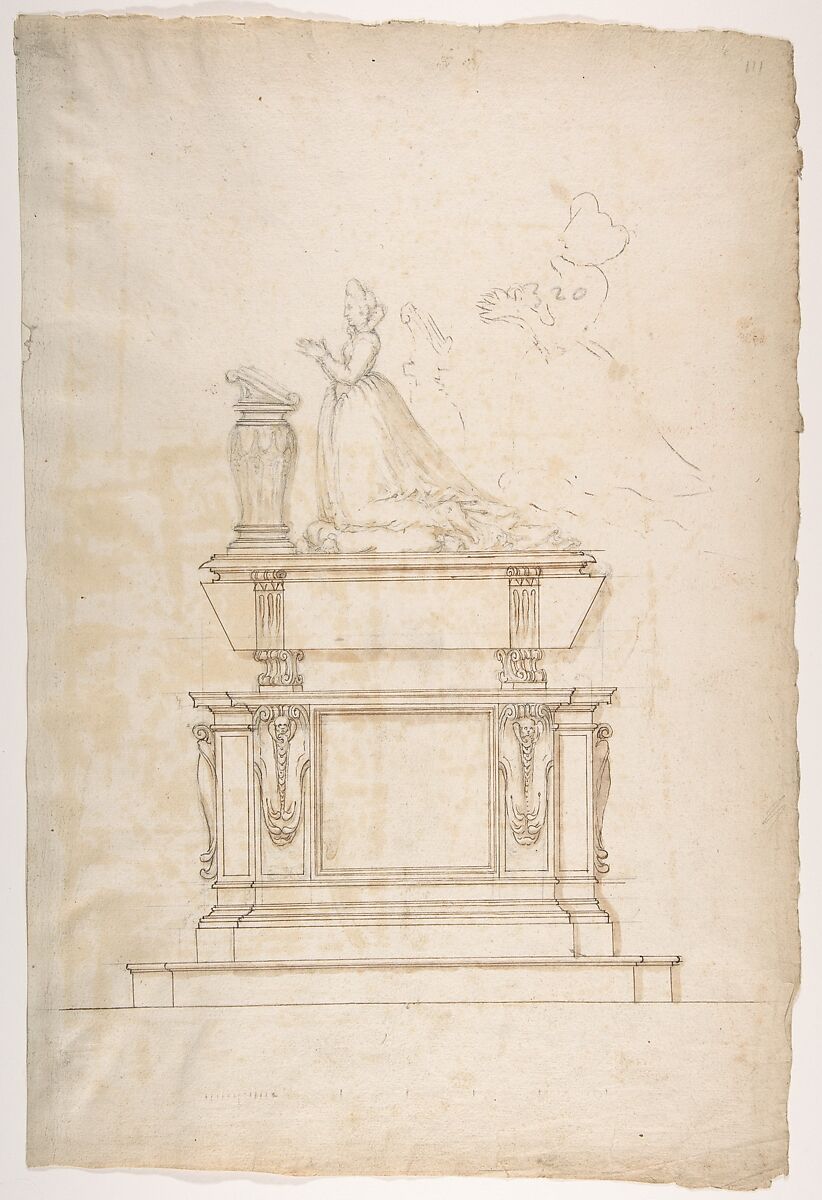Design for a Lady's Tomb, Anonymous, French, 16th century, Black chalk, pen and brown ink, brush and brown wash 