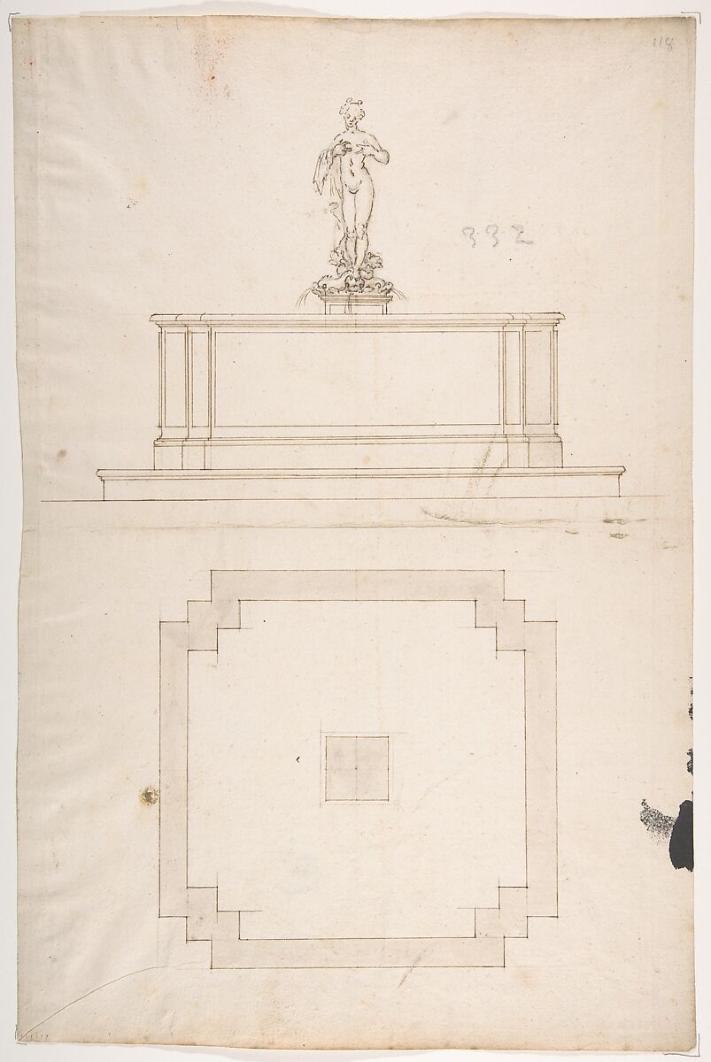 Plan and Elevation for a Fountain, Anonymous, French, 16th century, Black chalk, pen and brown ink, brush and brown wash 