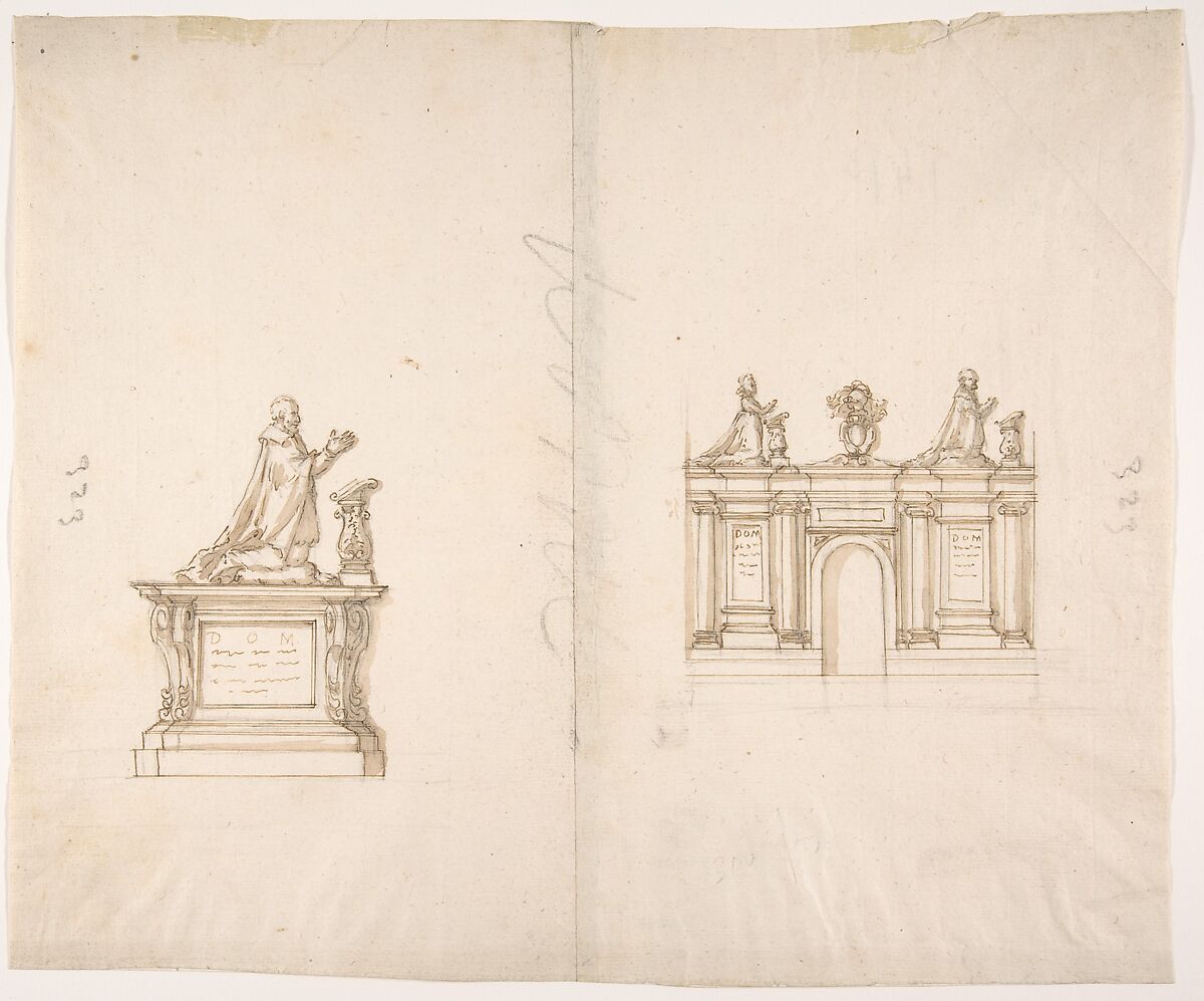Designs for Two Tombs, Anonymous, French, 16th century, Black chalk, pen and brown ink, brush and brown wash 