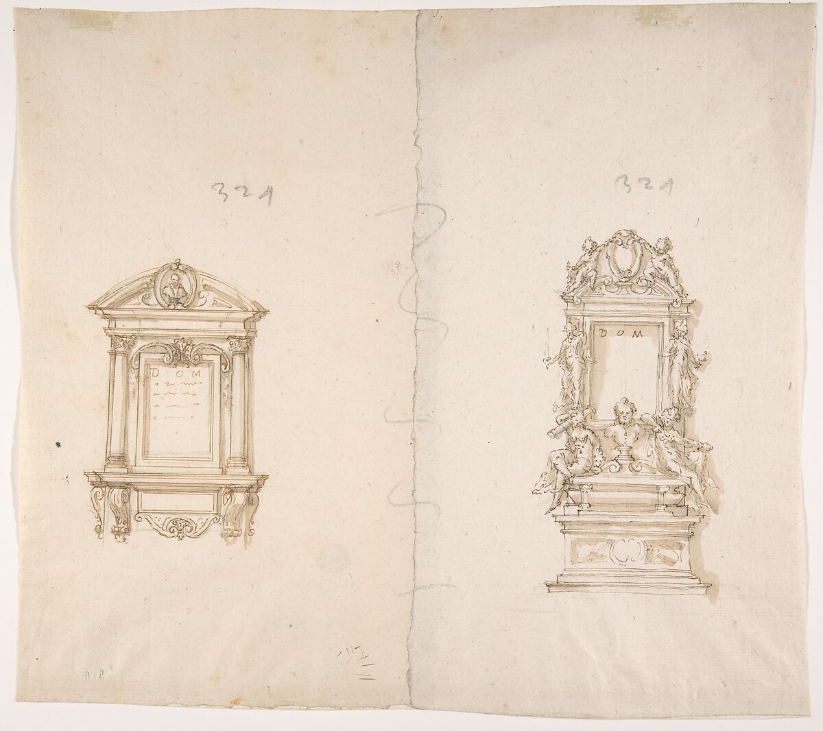 Two Designs for Memorial Tablets, Anonymous, French, 16th century, Black chalk, pen and brown ink, brush and brown wash 