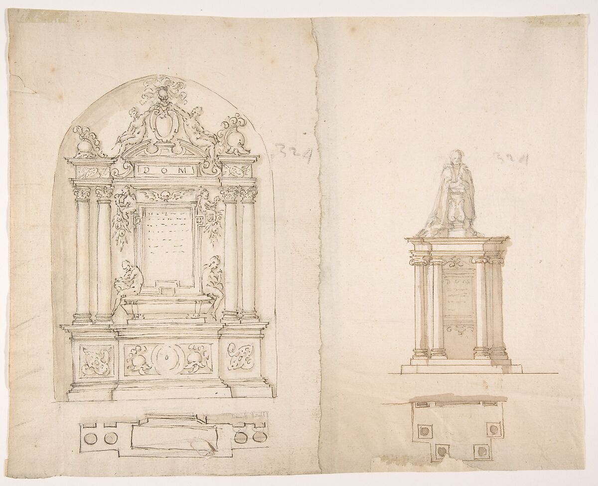 Two Designs for Tombs, Anonymous, French, 16th century, Black chalk, pen and brown ink, brush and brown wash 
