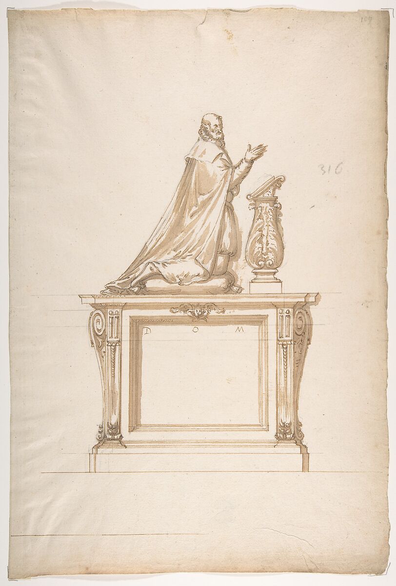 Design for a Man's Tomb, Anonymous, French, 16th century, Black chalk, pen and brown ink, brush and brown wash 