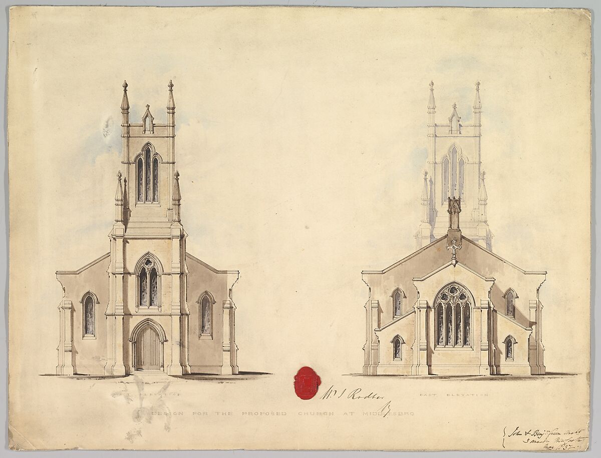 Design for the Proposed Church at Middlesborough, John Green (British, Northumberland 1787–1852 Newcastle), Pen and brown ink, heightened with watercolor washes 