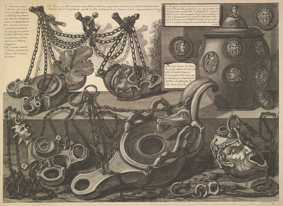 Various Lamps and a vase encusted with cameos, from "Vasi, candelabri, cippi, sarcofagi, tripodi, lucerne, ed ornamenti antichi disegnati ed incisi dal Cav. Gio. Batt. Piranesi" (Vases, candelabra, grave stones, sarcophagi, tripods, lamps and ornaments designed and etched by Cavaliere Giovanni Battista Piranesi), Giovanni Battista Piranesi (Italian, Mogliano Veneto 1720–1778 Rome), Etching 