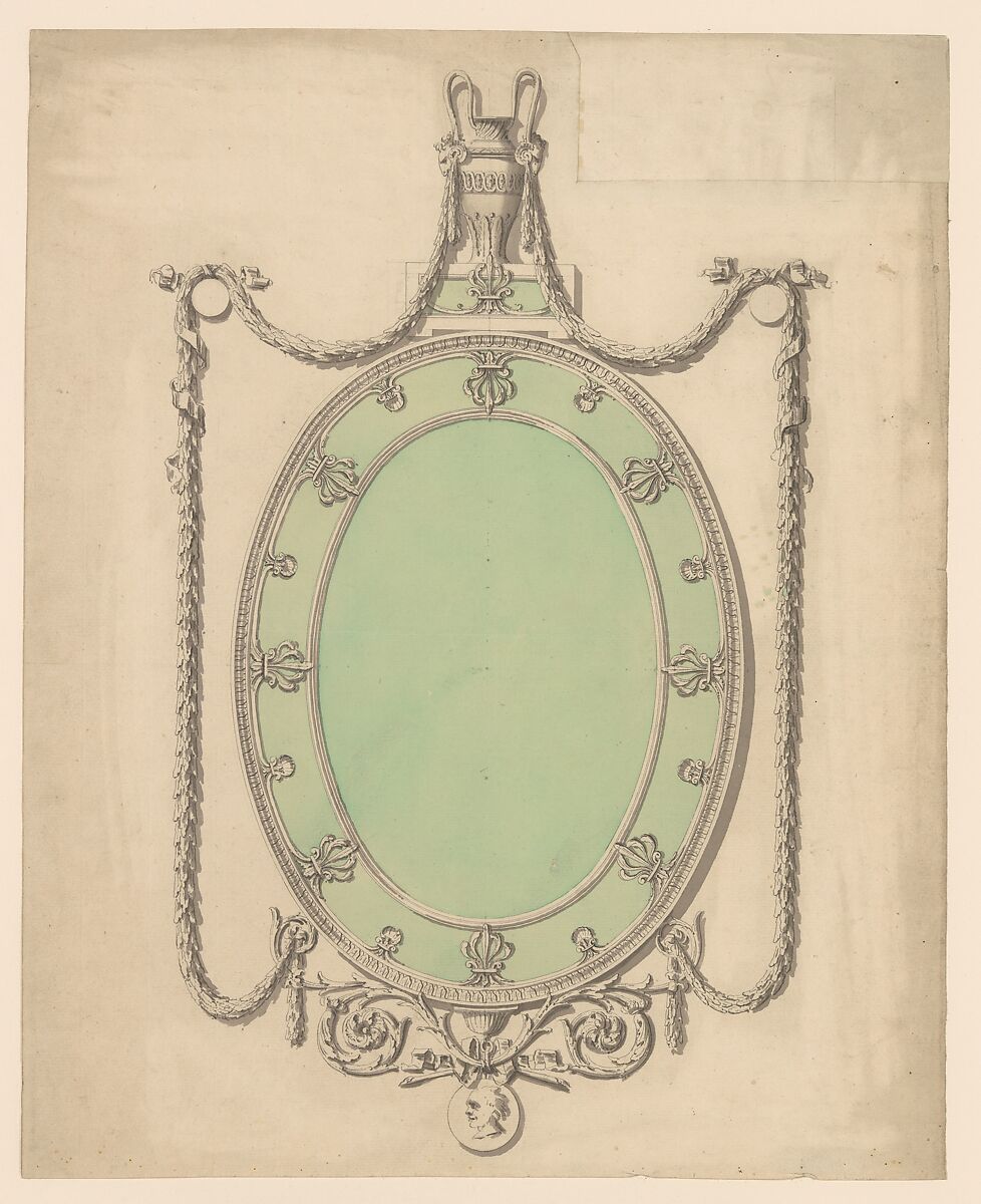 Design for an Oval Mirror, Surmounted by an Urn and Draped with Neoclassic Swags, Sir William Chambers (British (born Sweden), Göteborg 1723–1796 London), Pen and gray ink, brush and gray wash and watercolor 