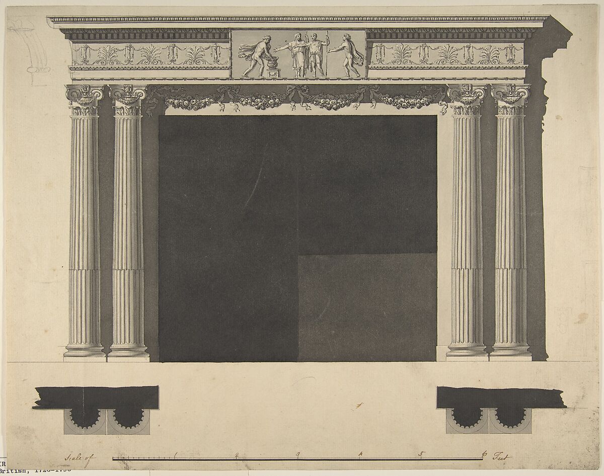Design for a Chimneypiece with Ionic columns, a Frieze, and Cornice, Sir William Chambers (British (born Sweden), Göteborg 1723–1796 London), Pen and brown ink, brush and gray wash, over graphite 