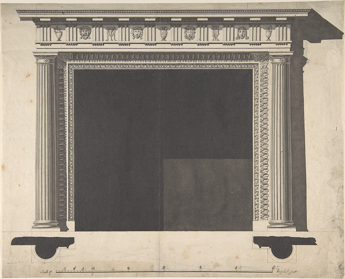 Design for a Chimney-piece, for the Saloon, Milton Park, Northamptonshire, Sir William Chambers (British (born Sweden), Göteborg 1723–1796 London), Pen and ink, brush and wash 
