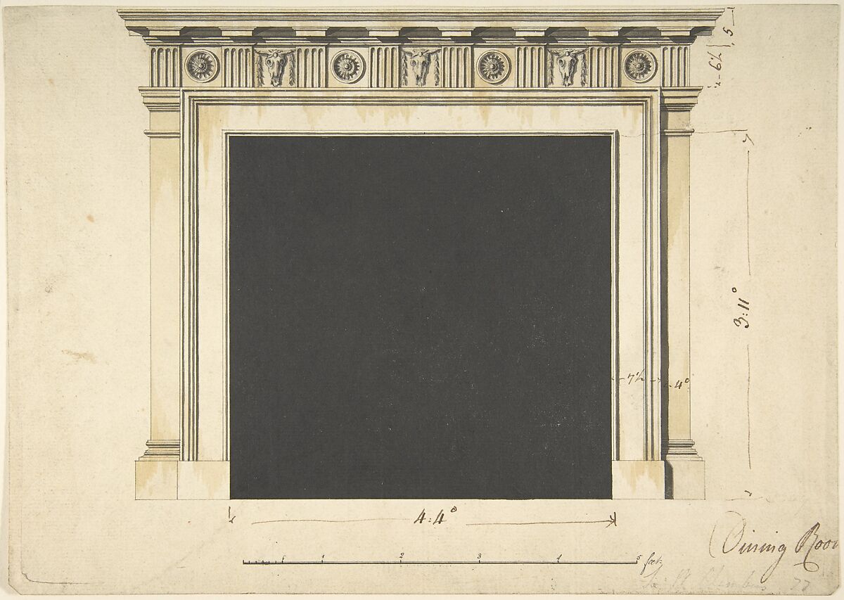 Design for a Chimneypiece with a Classical Cornice, for Ampthill Park, Bedfordshire, Dining Room, Sir William Chambers (British (born Sweden), Göteborg 1723–1796 London), Pen and black ink, brush and wash, touches of watercolor 