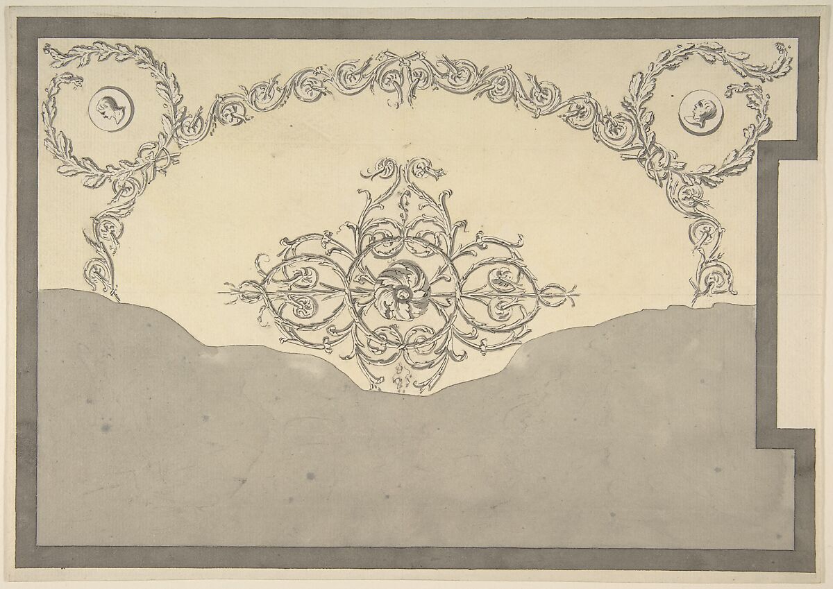 Design for a Chimneypiece with a Classical Cornice, for Ampthill Park, Bedfordshire, Dining Room, Sir William Chambers (British (born Sweden), Göteborg 1723–1796 London), Pen and black ink, brush and wash, touches of watercolor