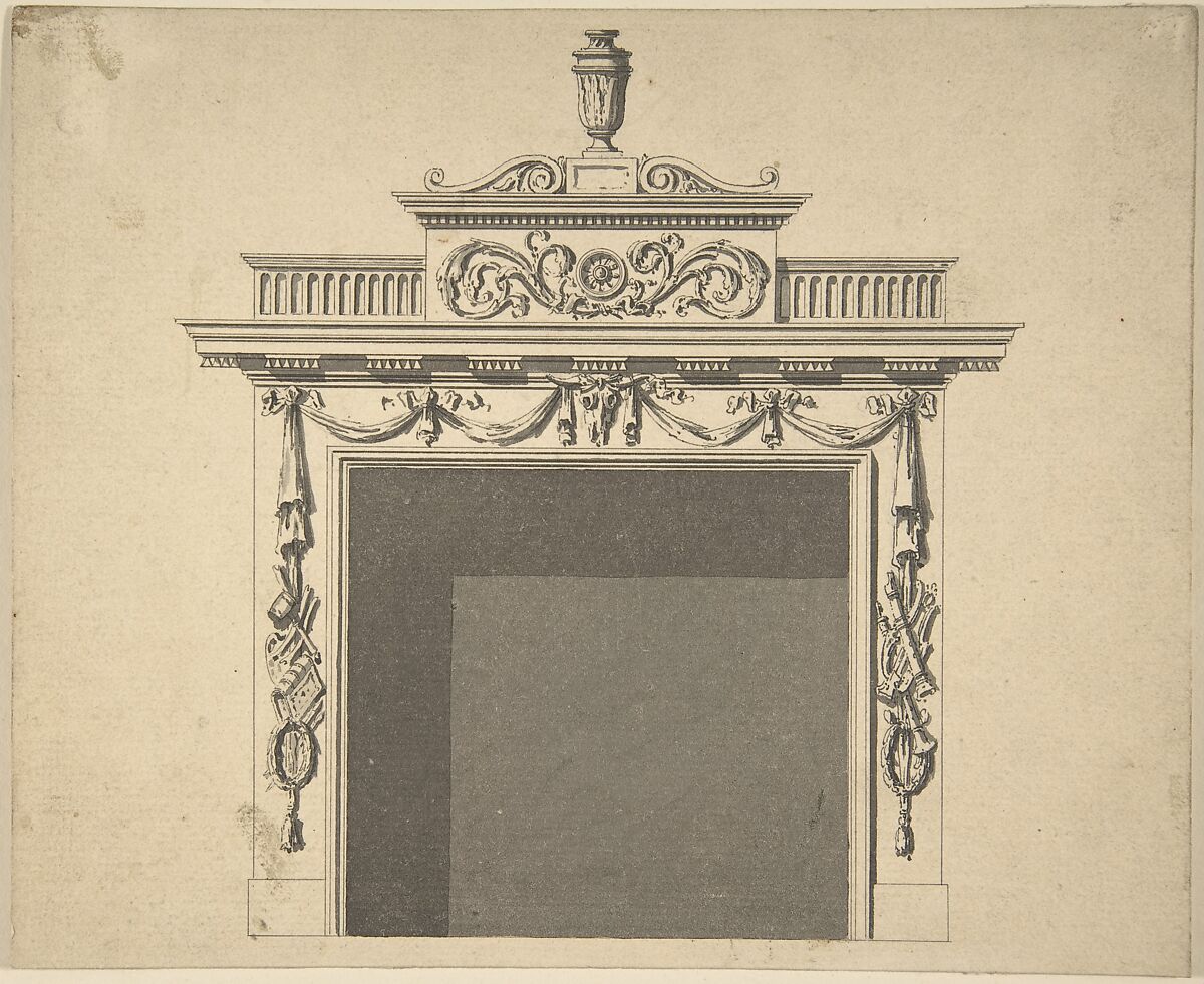 Design for Hall Chimney-piece, Charlemont House, Dublin, Sir William Chambers (British (born Sweden), Göteborg 1723–1796 London), Pen and black ink, brush and gray wash 