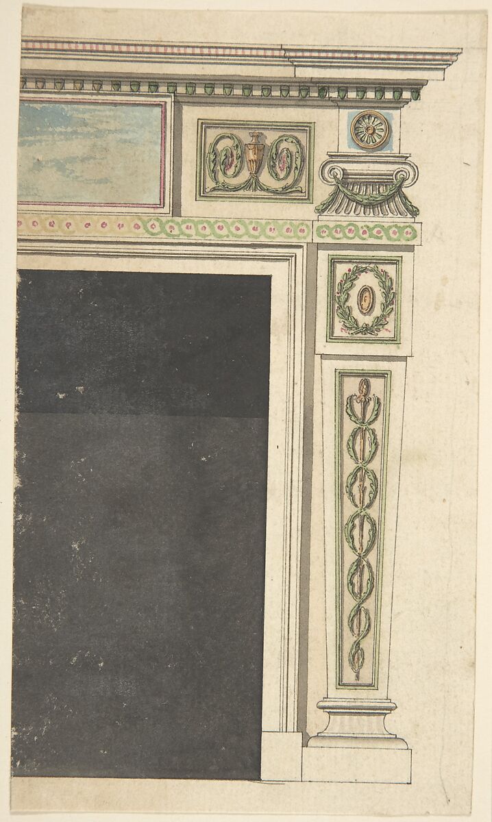 Design for a Chimneypiece, possibly for Melbourne House (now Albany), Piccadilly, London, Sir William Chambers (British (born Sweden), Göteborg 1723–1796 London), Pen and black ink, brush and watercolor, graphite 
