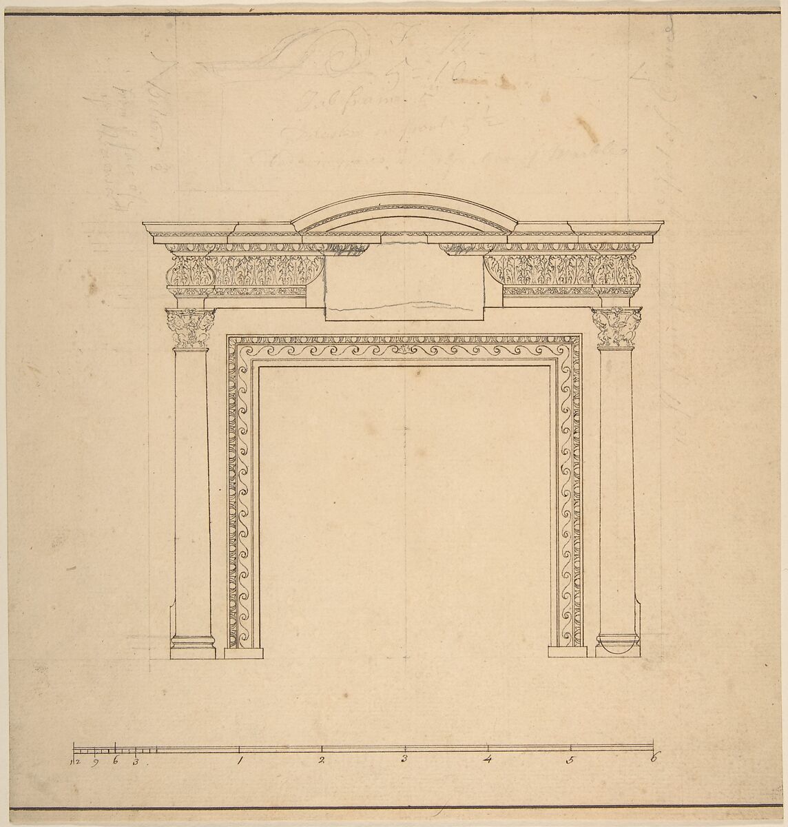 Design for a Chimneypiece with a Frieze with Floral Decoration and Capitals Decorated with Animals, Sir William Chambers (British (born Sweden), Göteborg 1723–1796 London), Pen and brown ink over graphite 