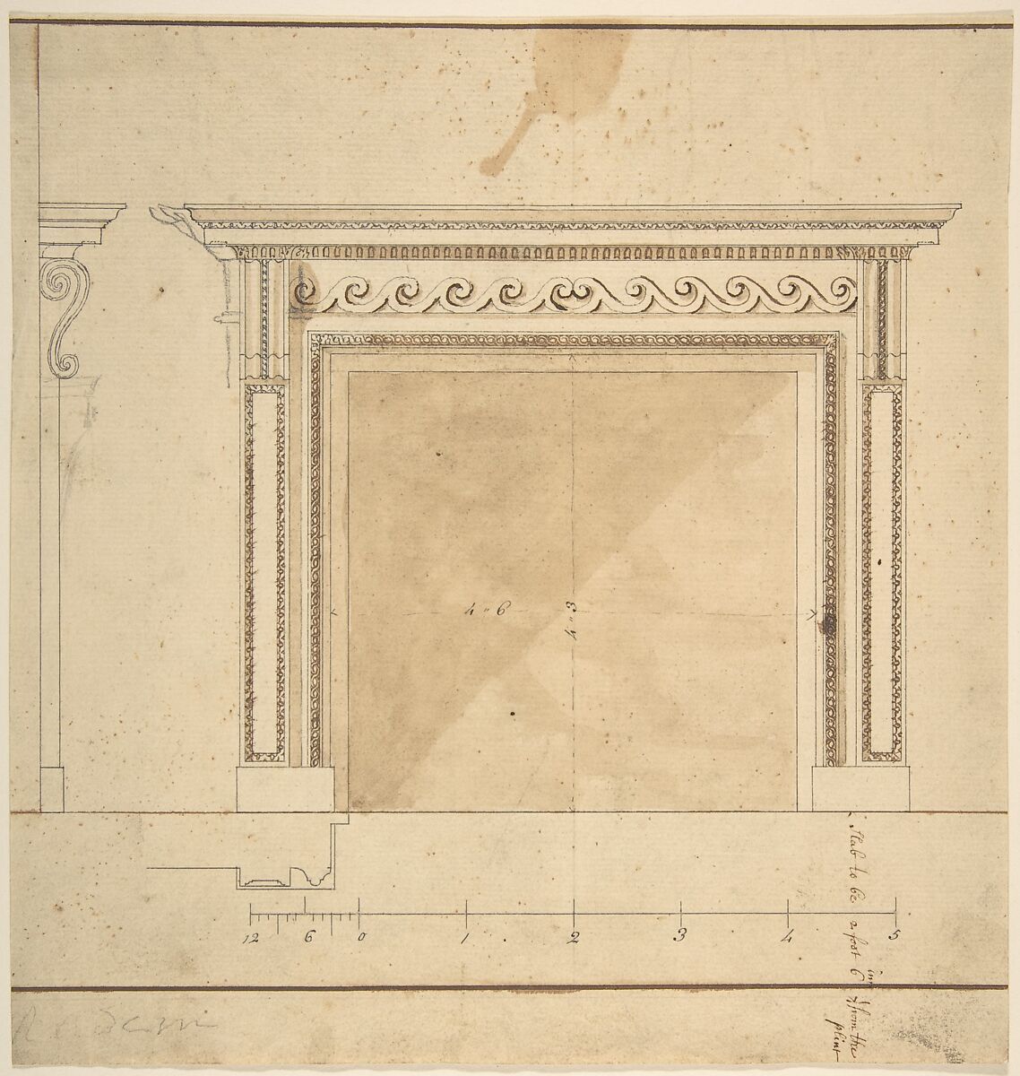 Design for a Chimneypiece with Scalloped Moldings, Sir William Chambers (British (born Sweden), Göteborg 1723–1796 London), Pen and brown ink, brush and brown wash, over graphite 