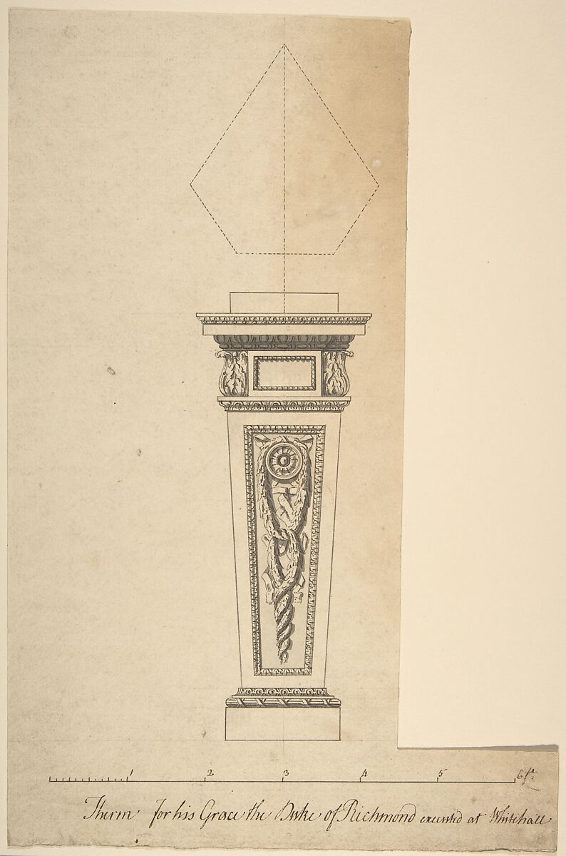 Design for a Pedestal, for Richmond House, Whitehall, London, Circle of Sir William Chambers (British (born Sweden), Göteborg 1723–1796 London), Pen and brown ink, brush and gray wash 