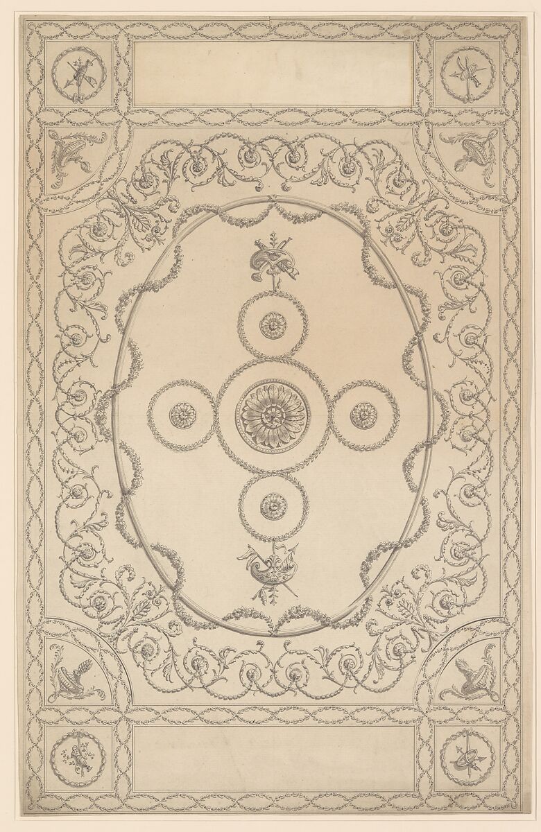 Design for a Ceiling, an Oblong with an Oval Center, Sir William Chambers (British (born Sweden), Göteborg 1723–1796 London), Pen and ink, brush and wash 